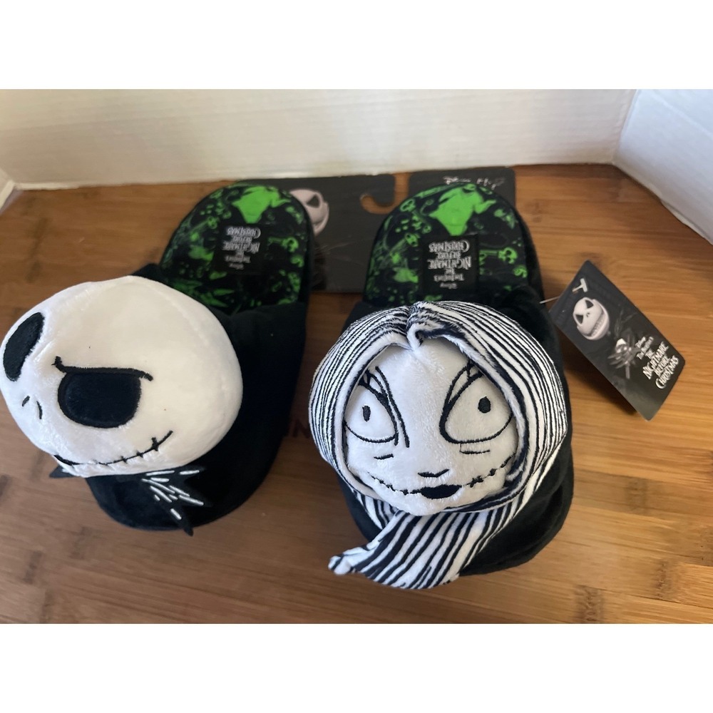 Disney Nightmare Before Christmas Jack & Sally Plush Slippers Black Green S 5/6